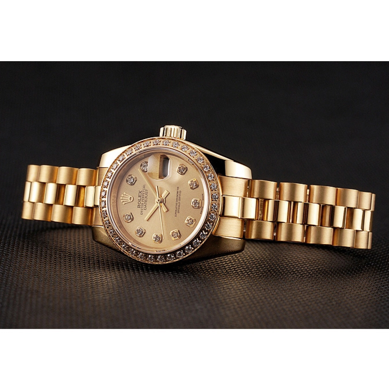 Aaa replica watch Champagne Bracelet Gold Swiss Dial Bezel Rolex Lady-Datejust 1454095 Diamond 0820
